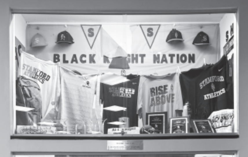 BLACK KNIGHT NATION: Stamford High shows off merch and  memorabilia in a display case. Photo provided by SHS.